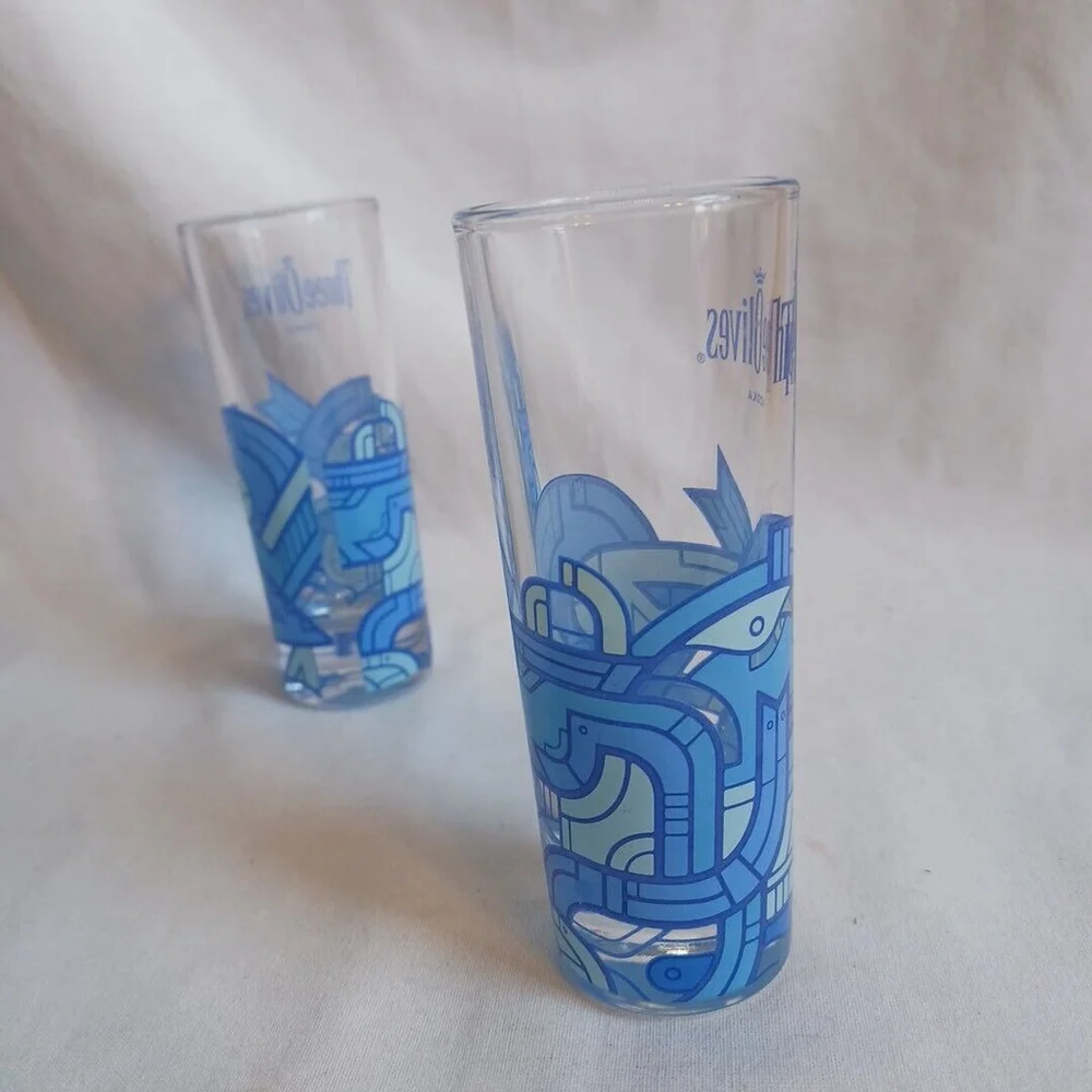 Three Olives Vodka Shot Glasses Blue Aztec Set of 2
